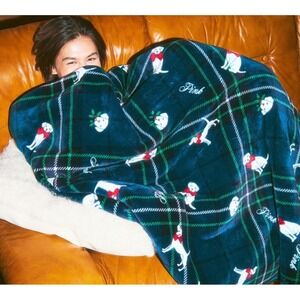 Victoria's Secret PINK Plush Blanket Dog Plaid Navy Green Throw NWT